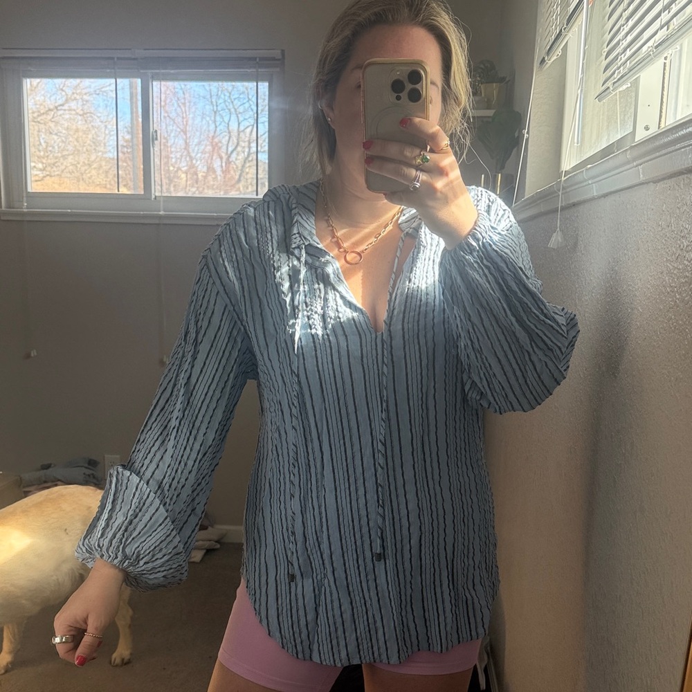 Free People Light Blue Striped Button-Up Blouse